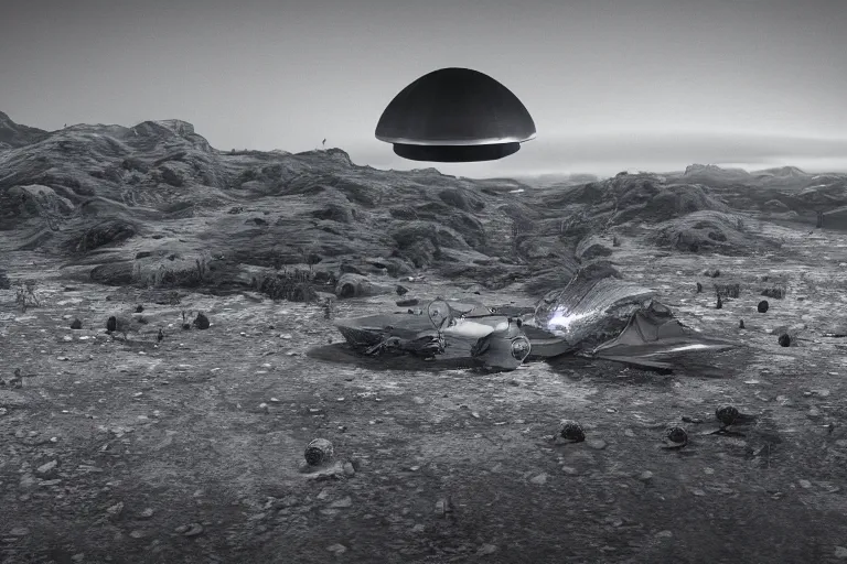 Image similar to leaked top secret footage of an ufo crash site, vintage old shot with an old camera, intricate details, eerie, highly detailed, photorealistic, octane render, 8 k, unreal engine.