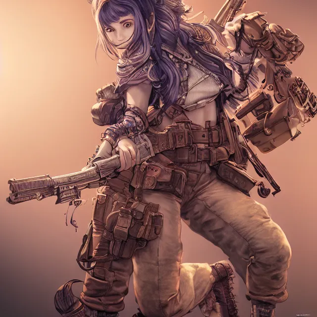 Image similar to the portrait of lawful neutral semi - colorful female infantry gunner as absurdly beautiful, gorgeous, elegant, young gravure idol, an ultrafine hyperdetailed illustration by kim jung gi, irakli nadar, intricate linework, bright colors, octopath traveler, final fantasy, unreal engine 5 highly rendered, global illumination, radiant light, detailed and intricate environment