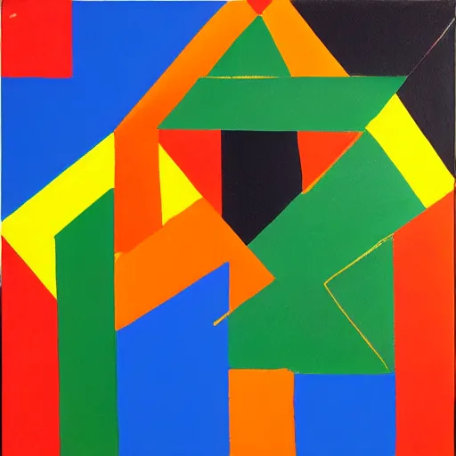 Image similar to painting, four rectangle and one triangle shapes ( colors : blue, yellow, green ), divided by black lines