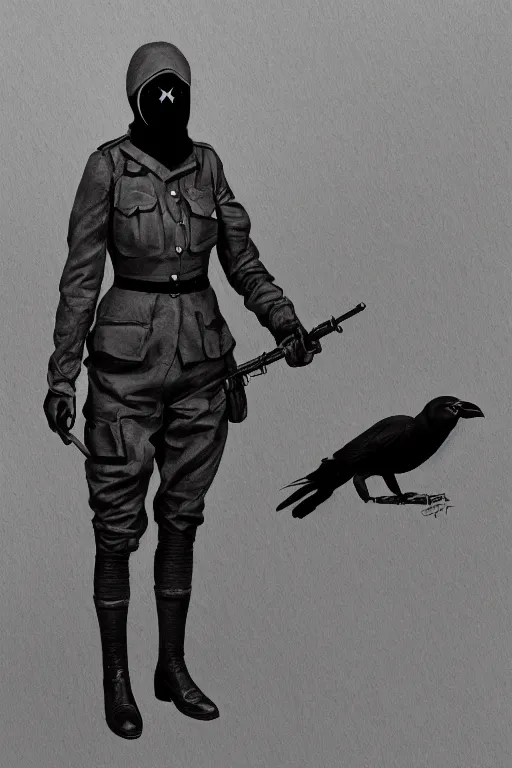 Image similar to ww 1 british sas female masked operative with the standard black uniform and a white porcelain crow mask, artstation, trending on artstation, establishing shot, by simon stalenhag