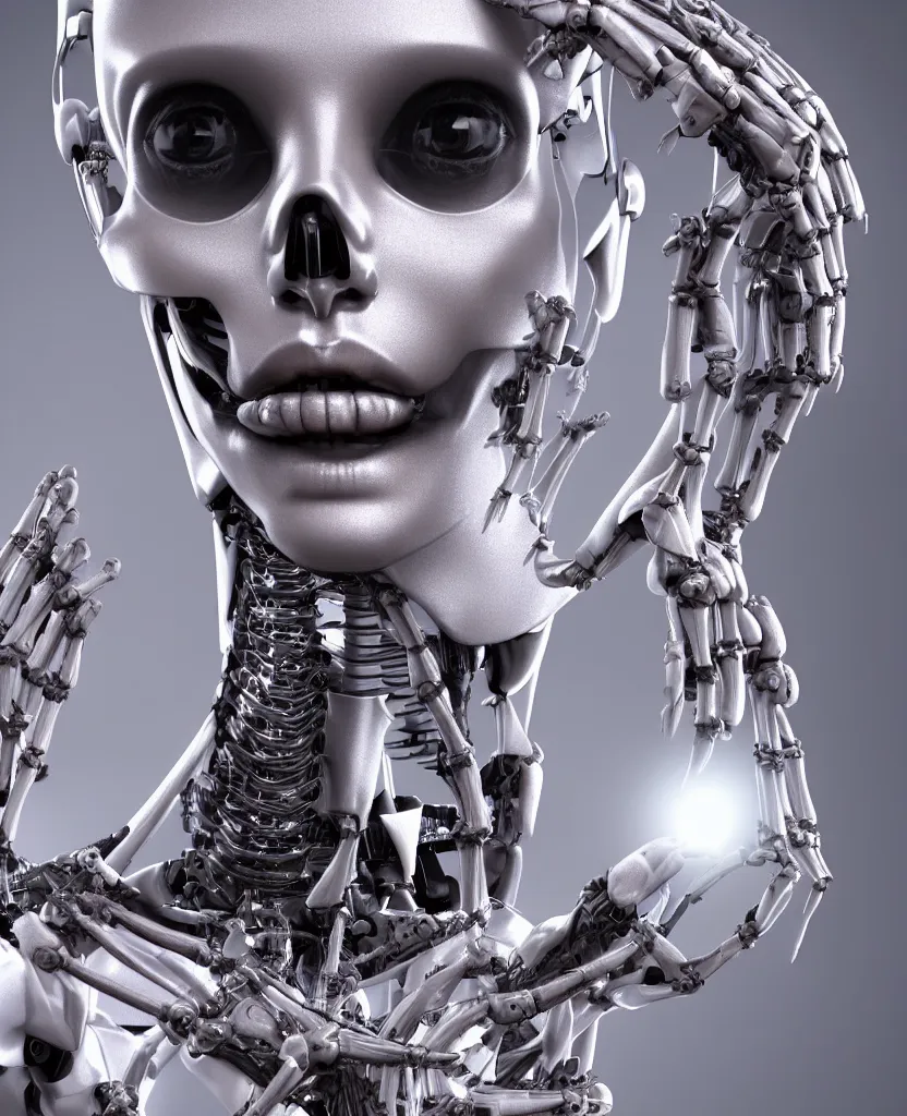 Image similar to close-up macro portrait of the face of a artificial intelligence robot girl, epic angle and pose, ribcage skeleton symmetrical artwork, 3d with depth of field, blurred background, cybernetic machine female face, translucent, nautilus, energy flows of electric current, a highly detailed epic cinematic concept art CG render. made in Maya, Blender and Photoshop, octane render, excellent composition, cinematic dystopian brutalist atmosphere, dynamic dramatic cinematic lighting, aesthetic, very inspirational, arthouse, Greg Rutkowski, Ilya Kuvshinov, WLOP, Stanley Artgerm Lau, Ruan Jia and Fenghua Zhong