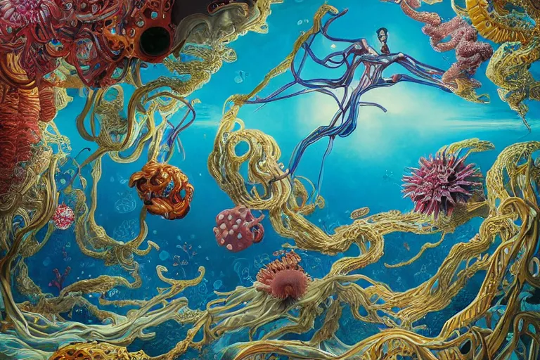 Prompt: complex and beautiful deep sea life by james jean and salvador dali and shusei nagaoka, oil on canvas, underwater insects, flowers, retro, nostalgic, vintage sci - fi, evangelion, eva unit 0 1, exquisitely intricate details, surrealism, neoclassicism, renaissance, hyper realistic, ultra detailed, cell shaded, 8 k