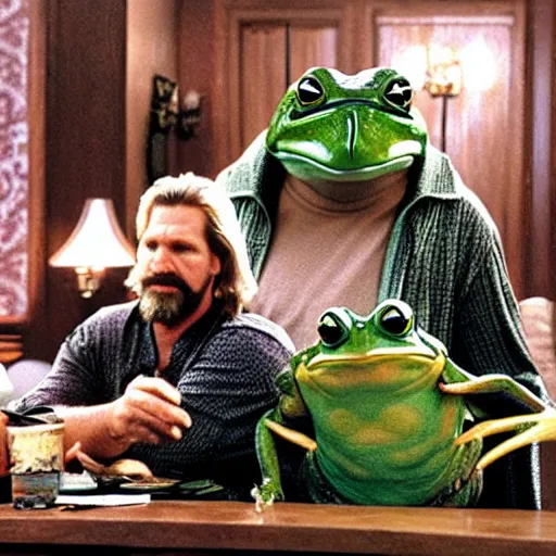 Image similar to a giant frog sitting with the big lebowski, jeff bridges the dude sitting at the table with a giant frog, realistic from the movie the big lebowski by the coen brothers, 8 k