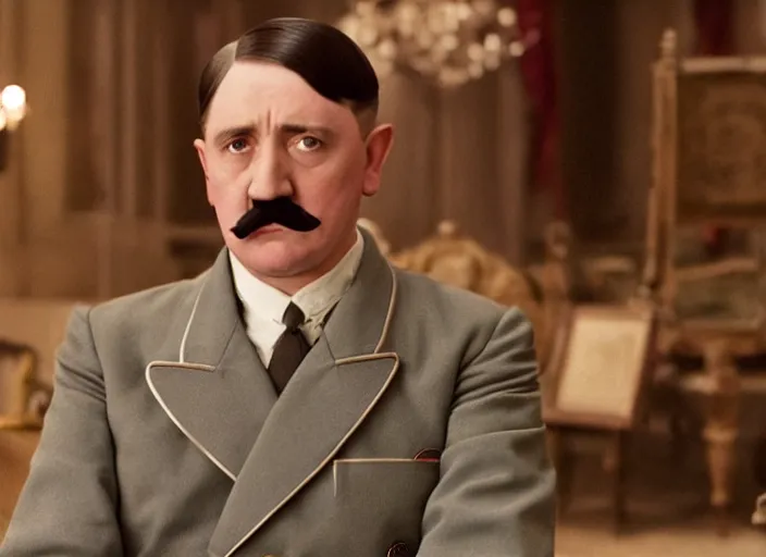 Image similar to a film still of a pompous gay adolf hitler in the grand budapest hotel ( 2 0 1 4 ) )