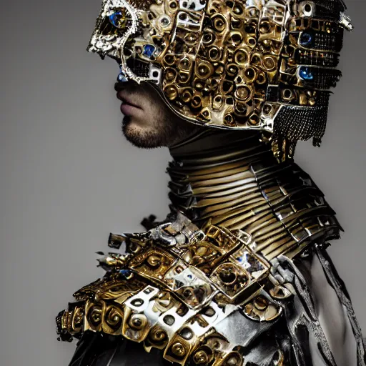 Prompt: a portrait of a beautiful young male wearing an alexander mcqueen armor made of parts of an android , photographed by andrew thomas huang, artistic