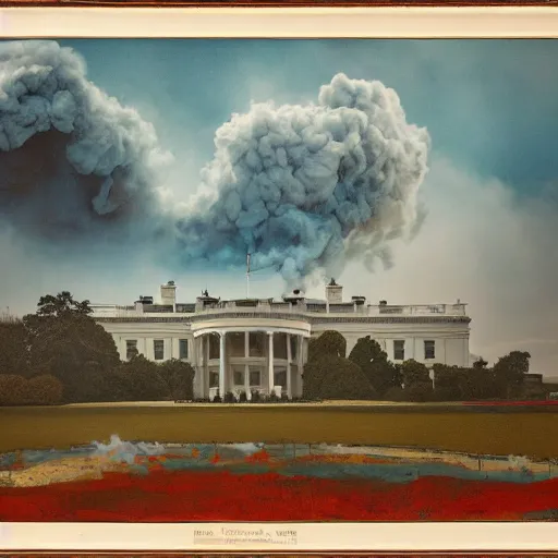 Prompt: politics, destroyed presidential white house, landscape, dystopian, war, real, bright blue smoke, red clouds, detailed, award winning, masterpiece