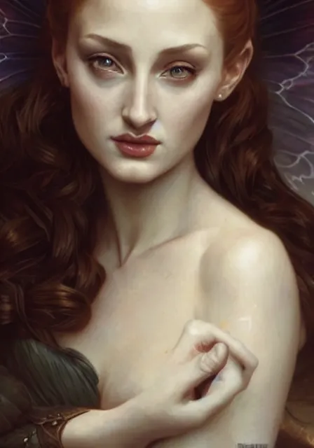 Image similar to sansa angeline jolie gessica chastain dark fairy, intricate, elegant, highly detailed, digital painting, artstation, concept art, smooth, sharp focus, illustration, art by artgerm and greg rutkowski and alphonse mucha and william - adolphe bouguereau