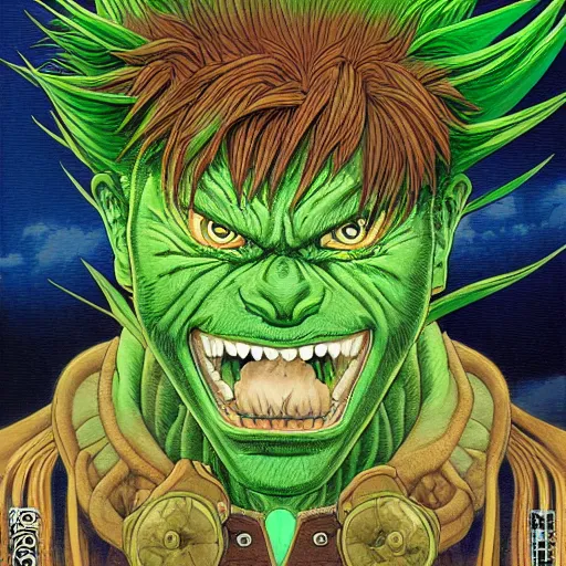 Prompt: portrait closeup of crazy blanka, symmetrical, cinematic colors, by yoichi hatakenaka, masamune shirow, josan gonzales and dan mumford, ayami kojima, takato yamamoto, barclay shaw, karol bak, yukito kishiro