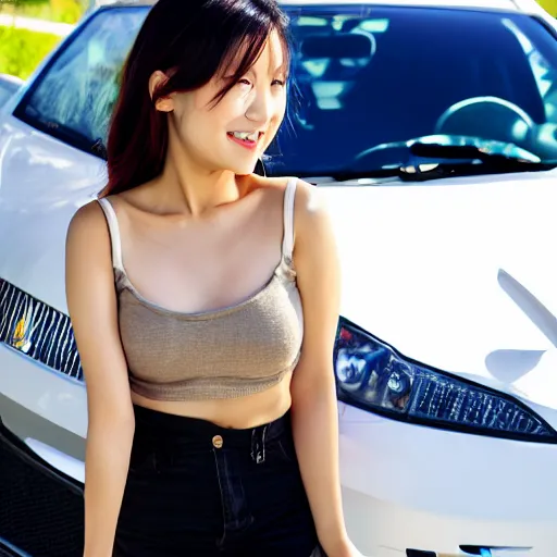 Prompt: very very very beautiful asian woman standing in front of car, bare midriff, one foot raised off the ground, full body portrait, eye contact, smiling, realistic face, perfect body, drawn by WLOP