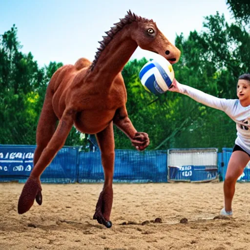 Image similar to horses and a velociraptors playing volleyball