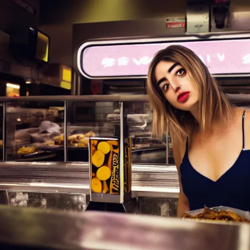 Image similar to ana de armas portrait working in a fast food restaurant, in a cinematic cyberpunk style, 3 5 mm