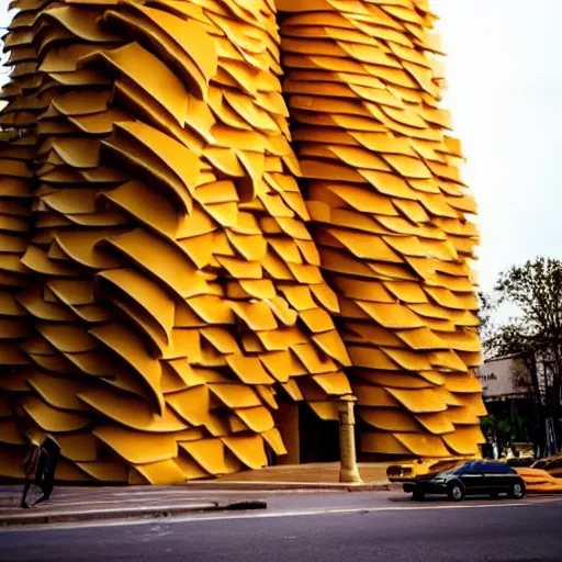 Prompt: a photo of a towering impressive building made of bread, cheese, and lunchmeat, dramatic lighting, bokeh, designed by frank gehry