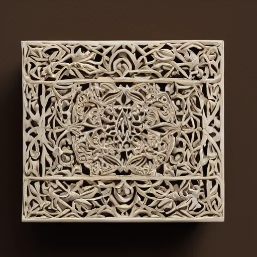 Prompt: arabesque carved ivory box, studio photography, black background