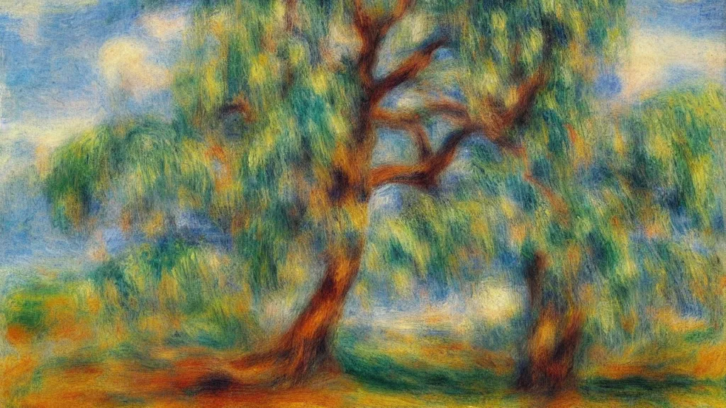 Image similar to a cypress tree in style of pierre - auguste renoir,, fine details,