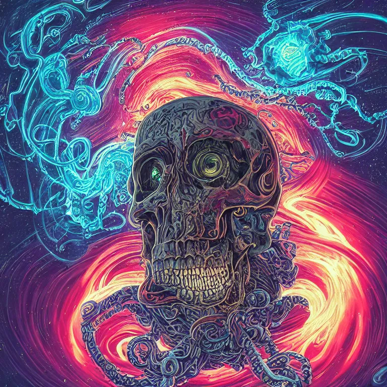 Prompt: a giant skull with intricate rune carvings and glowing eyes with symmetrical lovecraftian tentacles emerging from a space nebula by dan mumford, twirling smoke trail, a twisting vortex of dying galaxies, digital art, vivid colors, highly detailed