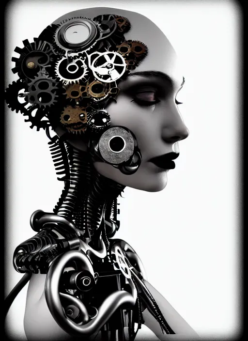 Image similar to black and white dreamy foggy profile face portrait, one steampunk eye biomechanical beautiful young female cyborg - robot, body ribs meshes, big monocular, volumetric light, hibiscus flowers, by hg giger, rim light, by dora maar and cecile beaton, big gothic fashion pearl embroidered collar, 8 k