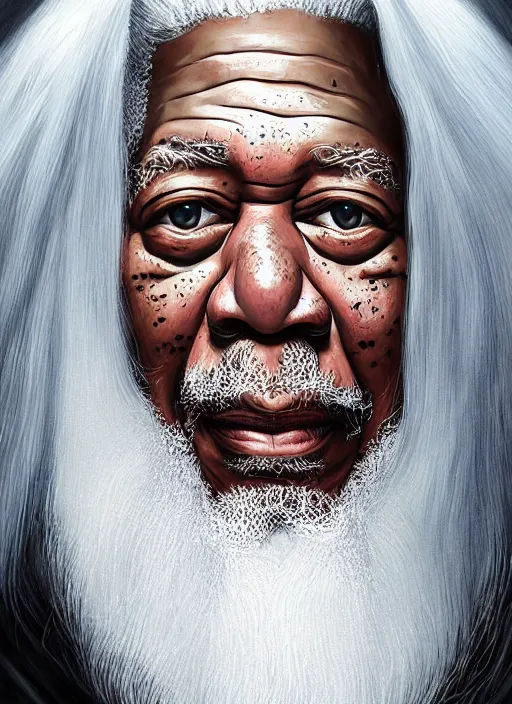 Image similar to portrait of morgan freeman as evil saurman the white, long white hair and white beard, long white flowing robes, long black wizard staff by alan lee, lord of the rings, smooth, oil painting, matte painting, concept art, trending on artstation, promotional artwork, film still, elegant, photorealistic facial features, intricate, detailed face, cinematic lighting