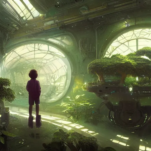 Image similar to , boy with grandma in scifi green house, spaceship, plants, stephen bliss, misty, unreal engine, fantasy art by greg rutkowski, loish, ferdinand knab, and lois van rossdraws, global illumination, radiant light, minimalist, detailed and intricate environment