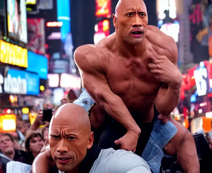 Image similar to Dwayne the Rock Johnson riding on the back of Adam Sandler, doing Methamphetamine at Times Square, photograph by Alfred Eisenstaedt, 4K, dramatic lighting; 4K 8K