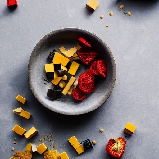 Prompt: professional food photography of a bowl of lego, stunning, 4 k