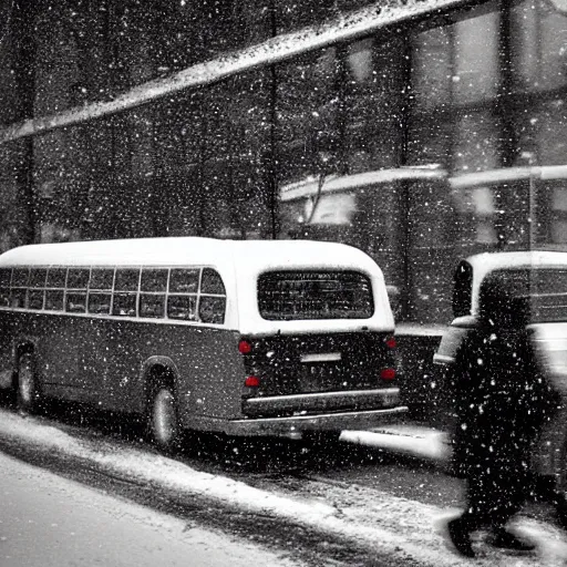 Prompt: a beautiful photo by fred herzog of the inside of a bus parked in a street of vancouver, viewed from outside, tiny gaussian blur, insanely detailed, insanely intricate, insanely beautiful, depth of field, low contrast, snowy, wide aperture