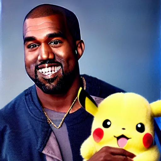 Image similar to Kanye West smiling and holding pikachu for a 1990s sitcom tv show, Studio Photograph, portrait C 12.0