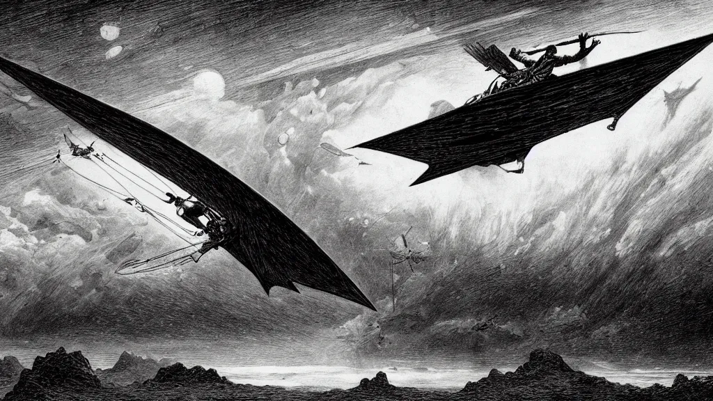 Prompt: drawing of an ornithopter flying toward a desert storm, by gustave dore, nineteenth century, black and white, vintage, science fiction, epic composition, dramatic lighting, highly detailed, cinematic, in the style of the movie dune