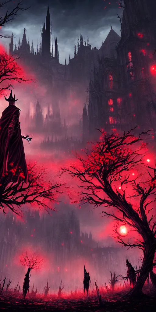 Image similar to populated bloodborne old valley with a obscure person at the centre and a ruined gothic city in the background, trees and stars in the background, falling red petals, epic red - orange moonlight, perfect lightning, wallpaper illustration by niko delort and kentaro miura, 4 k, ultra realistic