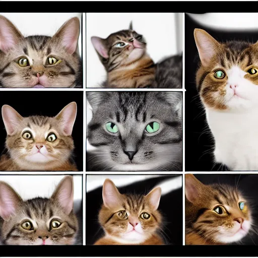 Image similar to a cat laughing from multiple angles collage photo, meme format,