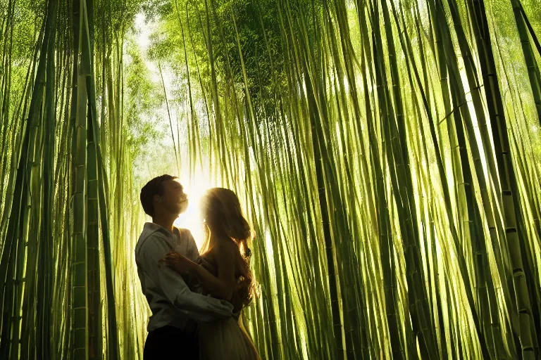 Prompt: cinematography closeup portrait of couple dancing in a bamboo forest, thin flowing fabric, natural light by Emmanuel Lubezki