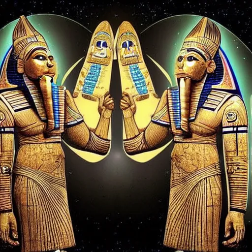 Image similar to the annunaki have returned to egypt wearing space suits that look like egyptian pharoah head - dresses and breathing hoses that look like elephant trunks - alien - looking, cyborg, detailed, photo - realism