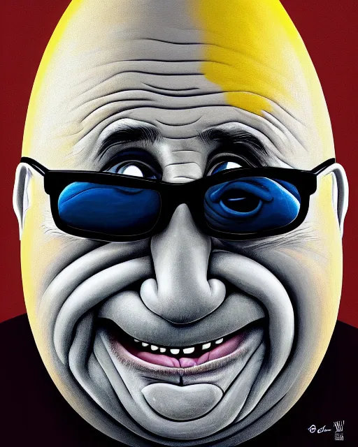 Image similar to painting portrait of danny devito as an egg, cartoon, warm lighting, danny devito has an egg body, movie poster, illustration by bartek fedyczak, erak note, tooth wu, neil richards, kan liu, siwoo kim, jisu choe, trending on art station