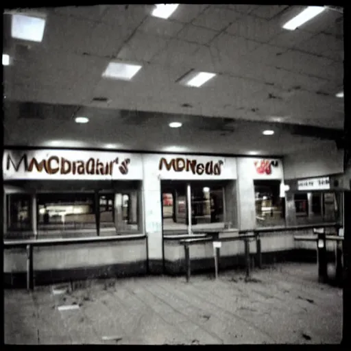 Image similar to dystopian grunge disposable camera photo of a mcdonalds | horror | nightmare