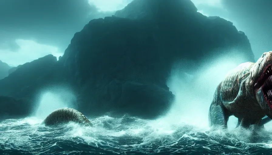 Image similar to a prehistoric monster emerges out of the ocean, waves and volumetric lighting, heavy rain, atmospheric, high resolution, rendering, octane, redshift