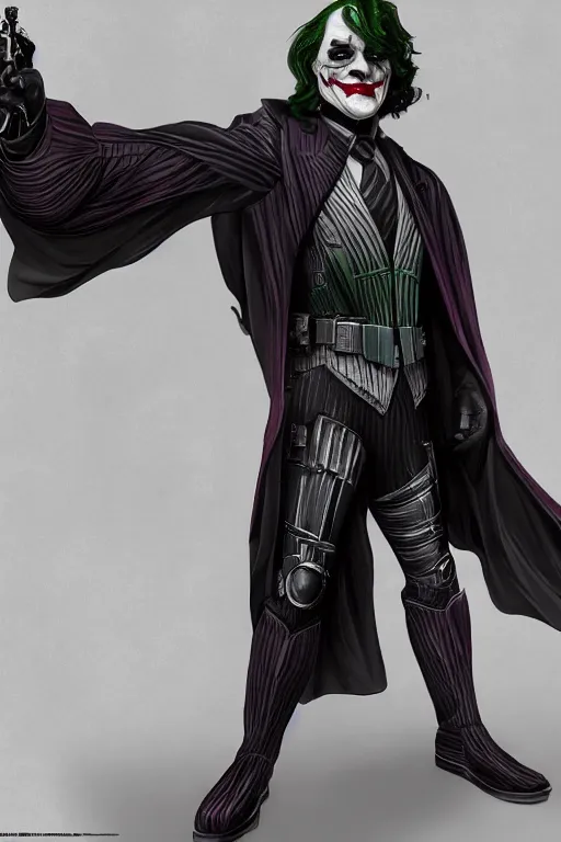 Image similar to Joker wearing vader's armor suit, cosplay, full character, artstation, highly detailed, highly realistic