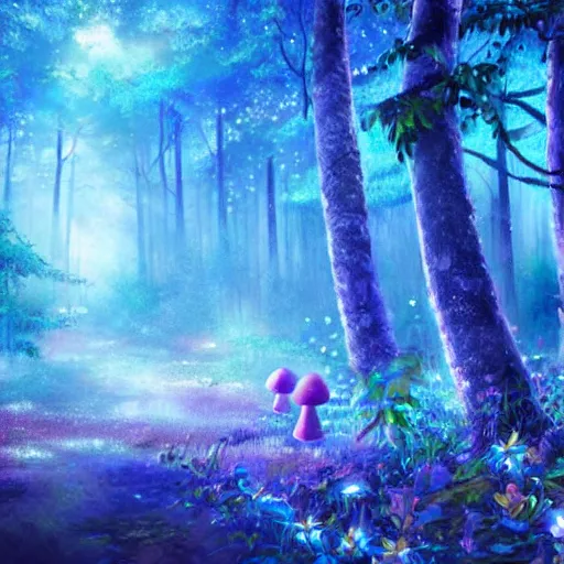 Prompt: a magical enchanted forest with a blue with a fireflies at night. in the forest there's oversized mushrooms, anime art style, detailed, 4 k