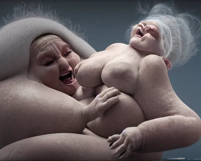 Prompt: of a very beautiful scene. ambient occlusion render. a sweet fat old woman is giving birth to her self as a sweet baby. hyper realistic. 4 k. wide angle. wild. symmetrical face, red mouth, blue eyes. deep focus, lovely scene. ambient occlusion render. concept art. unreal engine.