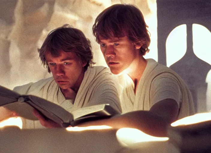 Image similar to detailed photo of Luke skywalker uncovering the glowing book of ancient jedi texts. a hazy ethereal ancient temple, screenshot from the 1983 film, Photographed with Leica Summilux-M 24 mm lens, ISO 100, f/8, Portra 400, kodak film, anamorphic lenses