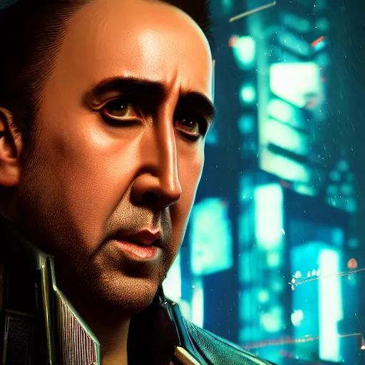 Image similar to nicolas cage portrait, cyberpunk 2 0 7 7, cyberpunk v, rogue amendiares, photorealistic, ultra detailed, neon, octane, bokeh, cinematic lighting, cyber, cyberpunk city, studio quality, feature, scars, cyberface, 8 k