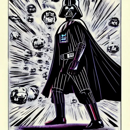 Prompt: Darth Vader moonwalking in the style of Al Feldstein
