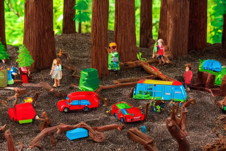 Image similar to fisher price redwood forest, california scene from tv show hyper detailed 5 5 mm 8 5 mm, toy photography, made out of plastic