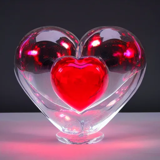 Prompt: Glass Sculpture of a heart, red lights inside it, flying miniature angels of love floating, uplifting, realistic, transparent, 16k
