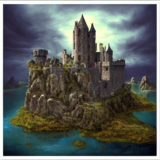 Image similar to a photorealistic painting of an old stone Castle in the sky, Zbrush, artwork by artgerm, a detailed painting by Ansel Adams, vampire bats, lake, Luminescent, Bismuth, Daz 3D, behance contest winner, fantasy art, matte painting, matte drawing, storybook illustration