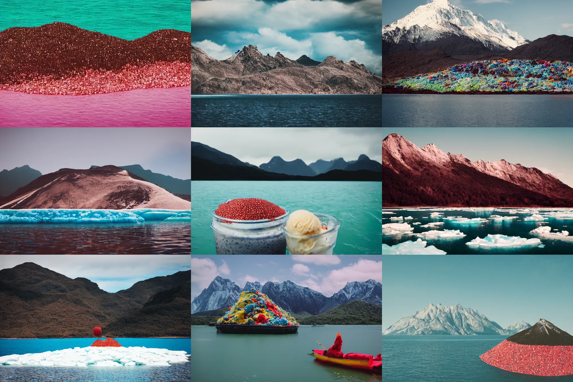 Image similar to an island made of caviar, mountains made of ice cream, coke water ( dark brown water ), colourful, photo taken from a boat, 3 5 mm, cinematic