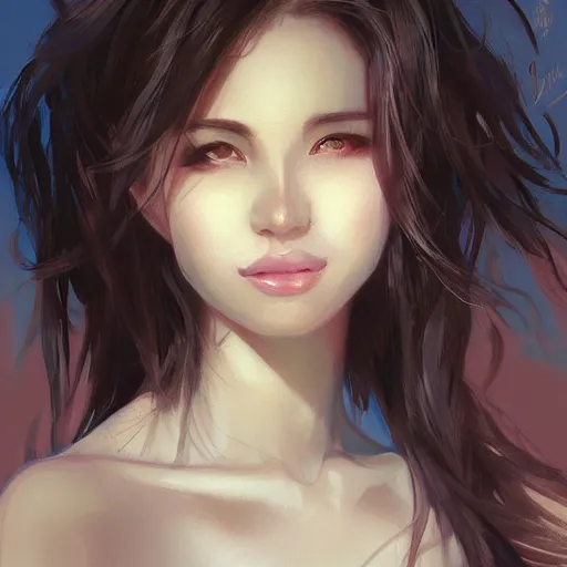 Image similar to portrait of beautiful woman on the beach by wlop, rossdraws, artgerm.