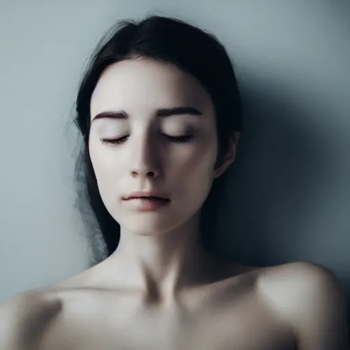 Image similar to photorealistic portrait of a beautiful young woman, very blurry, out of focus, translucent stone white skin, closed eyes, foggy, closeup