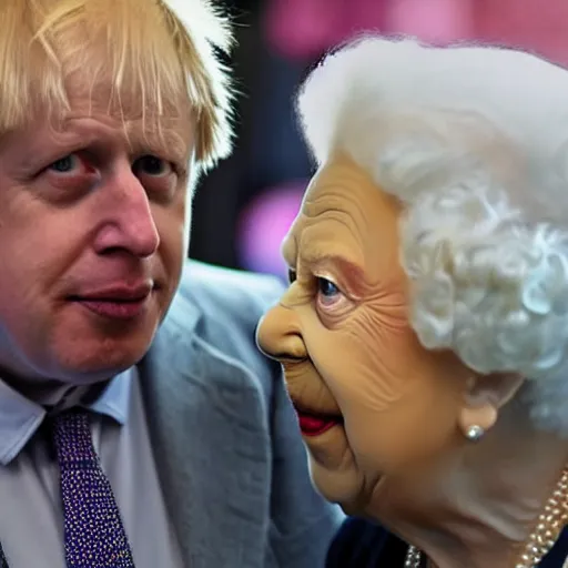 Image similar to boris johnson in clown makeup talking to Queen Elizabeth II, hyperrealistic, photorealistic, printed on the Guardian