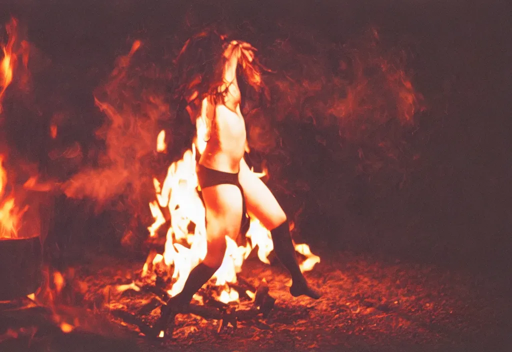 Image similar to lomo photo of young woman dancing and writhing in ecstasy around a fire as the dark ritual begins, cinestill, bokeh, out of focus