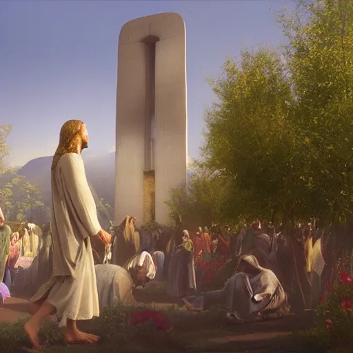 Prompt: A painting depicting the resurrection of Jesus Christ, (Jean Jules Linden), Peter Ilsted, (flowers), monolith, (((Unreal Engine))), Religious painting, pedestrians, (((Wayne Barlow)))