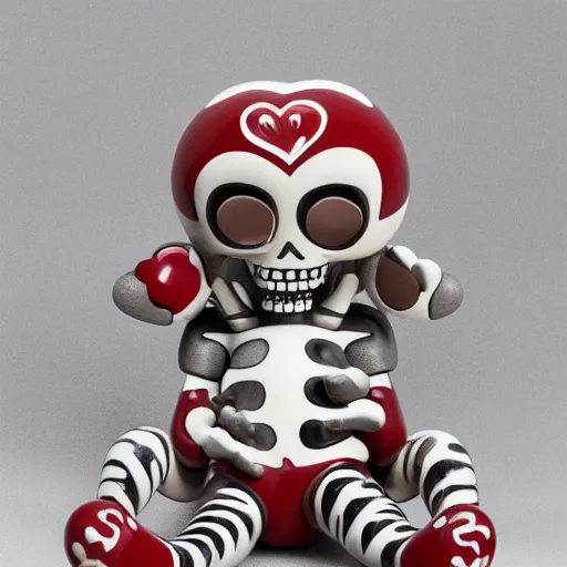 Image similar to A smiling off-white colored cheburashka skeleton porcelain figurine with a broken red heart hidden under the bones, 4k, shiny, high definition, detailed product shot, kaws